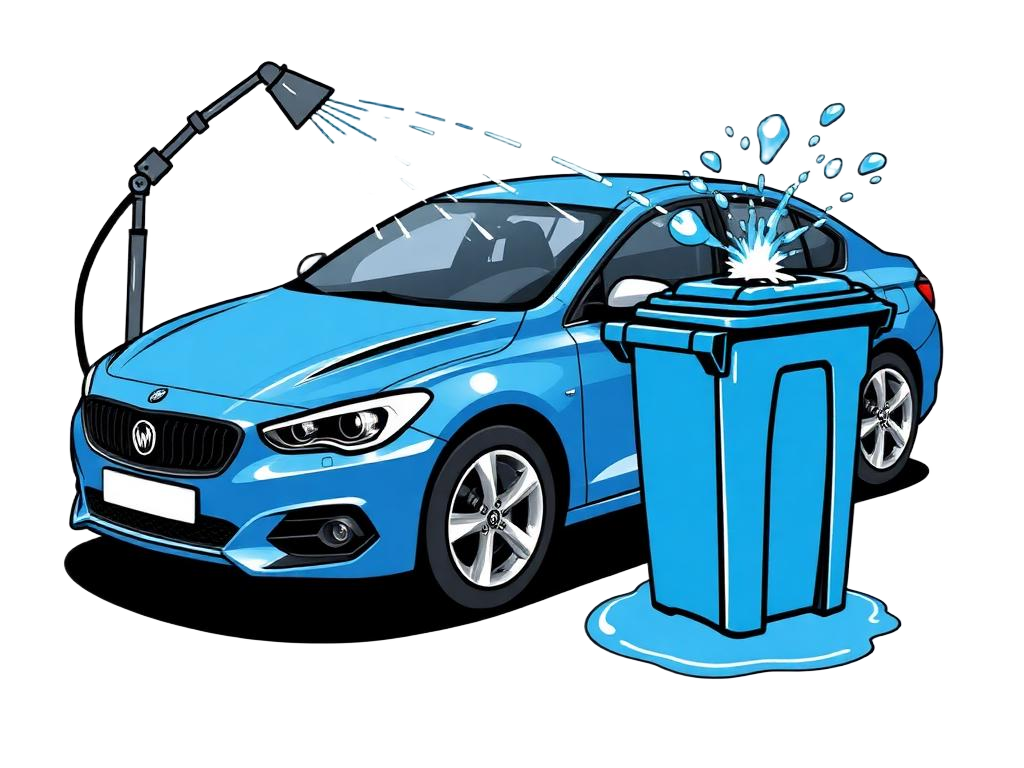 Illustration of a car and wheelie bin being pressure washed